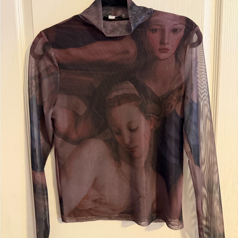Fresh Artistic Print Mesh Long Sleeve Top